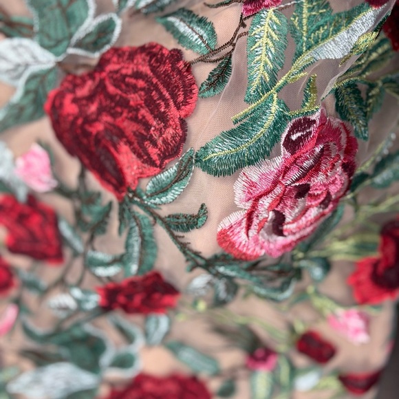 Size M Mock Neck Long Sleeve Mini Dress 3D Flowers Bodycon Tulle Red Pink Green - Picture 8 of 14